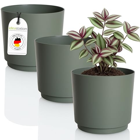 idea-station MATA Blumentopf Set 3 x 14.5 cm - 1.8 Liter - grün-grau - bruchsichere Blumentöpfe aus Plastik für verschiedenste Pflanzen, Blumen - Matte Übertöpfe für innen und außen
