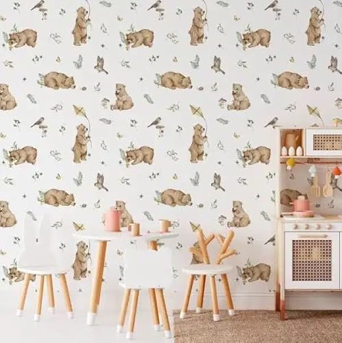 Kindertapete mit Motiv Bären, Weiß, Dekorativ, Muster mit Vögeln und Schmetterlingen