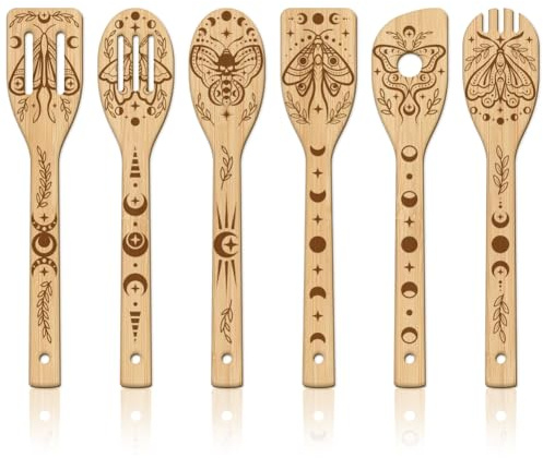 GLOBLELAND 6 Pièces Ensemble de Cuillères en Bois Sculptées en Bambou Motif Phases de la Lune Ustensiles de Cuisine Spatules Gravées en Bois pour Mère l'amie Femmes Cadeau de Pendaison de Crémaillère