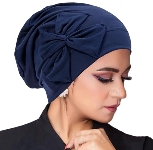 Chapeau de chimio élégant avec nœud pour femme - Bonnet doux - Bonnet de sommeil élastique pour chimio - Bonnet souple - Turban pour perte de cheveux, bleu marine, taille unique