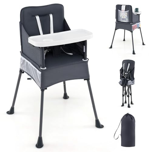 COSTWAY Hochstuhl Baby klappbar, Kinderhochstuhl mit verstellbarem Tablett, Aufbewahrungstasche & Sicherheitsgurt, Babystuhl mit Tragetasche, Babyhochstuhl für Babys von 6-36 Monaten