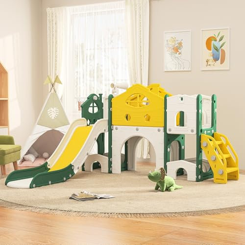KSFASHZ Scivolo 7 in 1 per Bambini, Scivolo da Giardino per Bambini con Canestro, 193.5×166×96.5cm, civolo per bambini da Esterno Grande, Facile da Montare, Adatto per uso interno,esterno e giardino