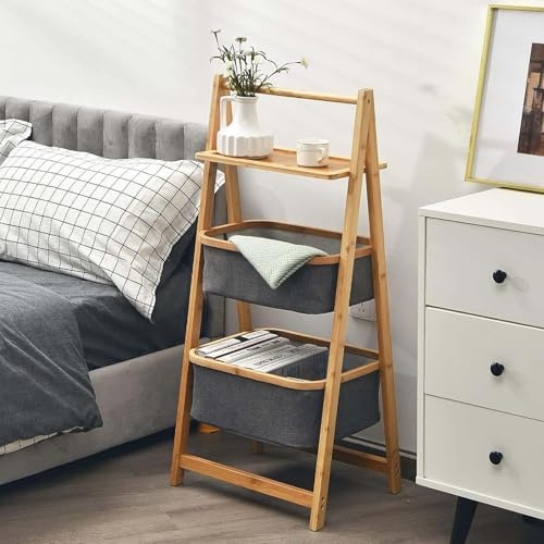 A-Frame Bamboo Laundry Basket with Towel Rack, Three-Layer Fabric Storage Bins, Stylish Dirty Clothes Organizer for Bathroom and Bedroom, Space-Saving Hamper Unit