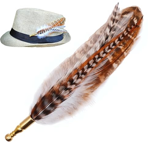Hutfeder zum Anstecken, Federbrosche für Hüte, Echter Feder Pin Anstecker | Handgefertigtes Hutschmuck Accessoire, Federn mit Gold Anstecknadel, Braun Weiß 11-12 cm, Boho Style, Geschenkbox inklusive