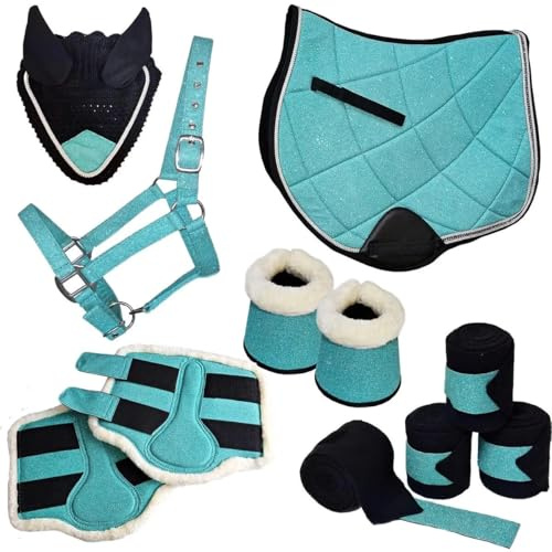 German Riding Kollektion Perfect Match Set bestehend aus: Schabracke, Halfter, Fliegenhaube, Gamaschen, Hufglocken, Bandagen Sey Green Cob gleich VB