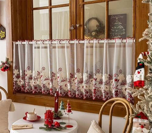 Vordesack Voile liebevoll Scheibengardine mit zarten Blumenstickerei Küchengardine mit Lochleiste transparente Gardine 1 Stück Rot HxB 60x100cm