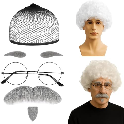 6 Stück Opa Kostüm Set, Perücke Mann, Weiße Perücke, Brille, falsche Augenbrauen und Bart, Verrückter Wissenschaftler Kostüm Ideal für Halloween, Karneval, Weihnachten und Partys