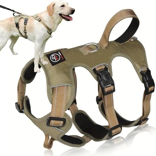 Lalazoo ELBA Sicherheitsgeschirr Hund ausbruchsicher – Verstellbares No-Pull Hundegeschirr gepolstert & reflektierend mit Griff & 6-Punkt-Verstellung – Robustes Anti-Ausbruch Geschirr – Khaki, L