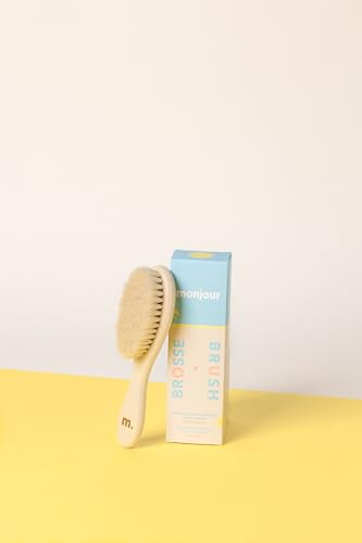 MONJOUR - Ma Première Brosse Bébé en Poils de Chèvre Naturels – Brosse Cheveux Bébé Ultra Douce – Idée Cadeau Naissance pour Nouveau-né et Jeunes Parents