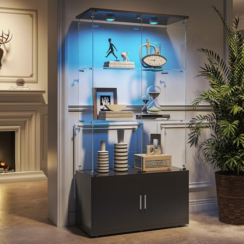 BPKADHY Glasvitrine Standvitrine mit LED-Beleuchtung, 4 Lagen & 2 abschließbaren Türen, Modern Vitrinenschrank aus Holz & Glas für Sammlervitrine, Bücher und Wein, Schwarz (Schwarz, 4 Tür 4 Lagen LED)