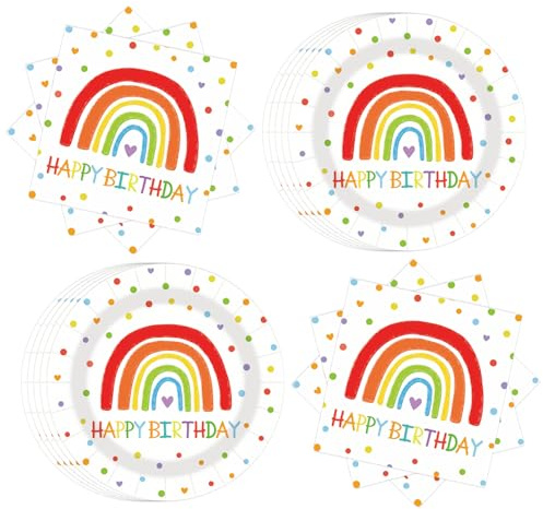 UV STYLISH Lot de 40 vaisselle de fête arc-en-ciel multicolores pour anniversaire d'enfant, avec assiettes, serviettes, vaisselle pour 20 invités