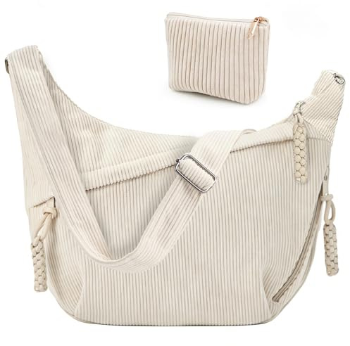 Mngevcy Umhängetasche Damen, Crossbody Bag Damen groß Cord Tasche + Kosmetiktasche, Cord Crossbag Halbmond Kord Schultertasche mit Reißverschluss und Baumwollfutter Verstellbarer Schultergurt