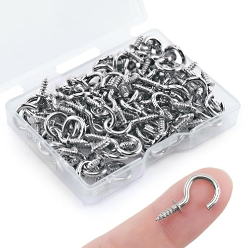 KINGLAKE 100 Stück Schraubhaken Klein - 2cm Deckenhaken, Haken zum Schrauben Edelstahl, Wandhaken, Haken Decke zum Aufhängen von Schlüsseln, Tassen, Lichterketten und Weihnachtslichtern verwendet