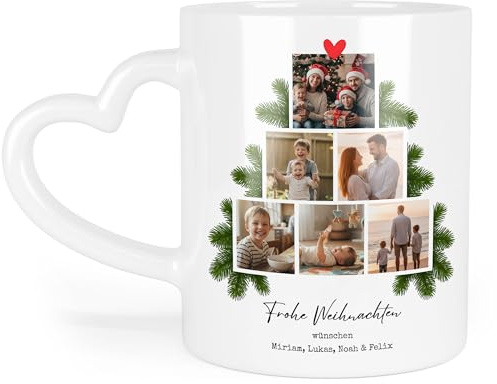 Kiddle-Design Weihnachtstasse Personalisiert mit eigenen Fotos, Familien Tasse zu Weihnachten mit Namen und Bildern Bedrucken, Frohe Weihnachten Fotogeschenk - Tasse Herzhenkel