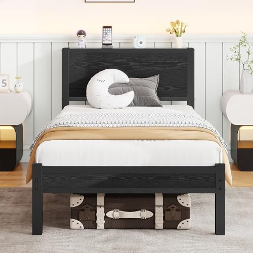 HaoChrymec Metallbettgestell 90x200 cm mit Stauraum, Kopfteil aus MDF, Geräuschfrei, Einzelbett ohne Boxspring, Stabiler Metallrahmen, Schwarz