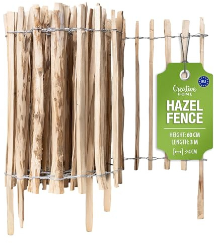 Creative Home Staketenzaun 60cm hoch und 3m lang | Lattenabstand 3-4 cm | Haselnusszaun | Rollzaun | Gartenzaun Holz Holzzaun | Zaun Garten Ideal als Rasenkante Blumenbeet Umrandung aus Haselnuss