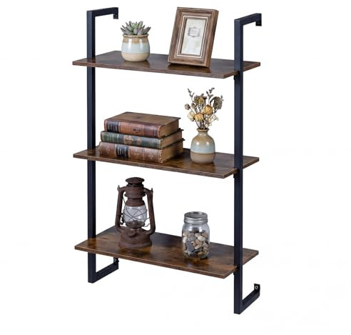 COSTWAY 3-Tier Ladder Shelf, Floating Wall Bookshelf Open Display Rack, Metal Frame Wall Mounted Bookcase Storage Shelving Unit for Living Room, Kitchen, Office (Rustic Brown+Black, 53x23x90cm)