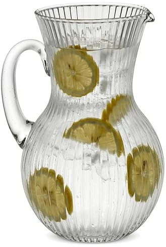 URBNLIVING 1.5L Vintage Ribbed Glass Pitcher – Clear Mid-Century Modern Water Jug, Wide Mouth Carafe for Juice, Iced Tea, Lemonade & Beverages