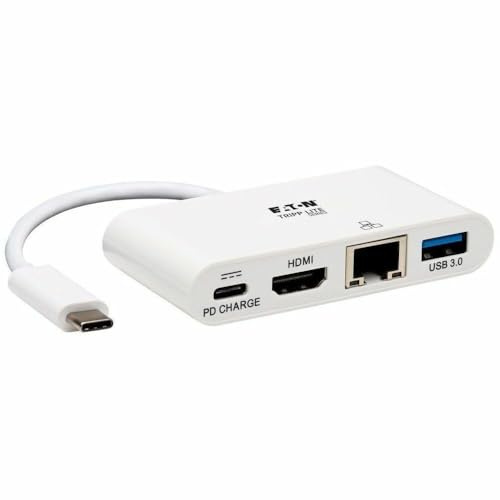 Eaton Adaptador Multipuerto USB C, 4K HDMI, Puerto USB A, GbE, Carga PD de 60W, HDCP, Blanco (U444-06N-H4GU-C)