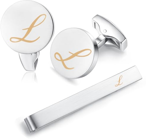 HONEY BEAR manschettknappar & slipsnål slipsklämma set initialer bokstav män bröllop manschettknapp silver, 5,4 cm, 5.4cm, Koppar, Ingen ädelsten