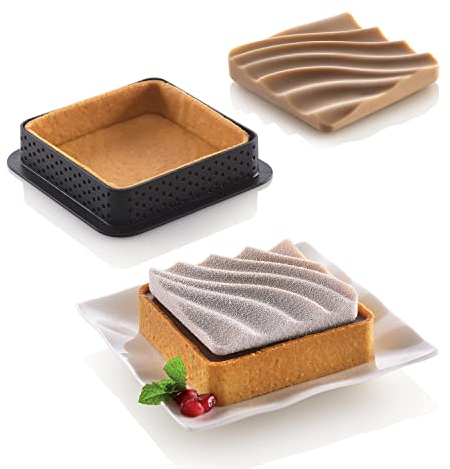 silikomart | Mini Tarte SAND Kit, Kit composition 6 Anneaux Microperforés Tplus+, 1 Moule en Silicone Platine, Tarte Decor, 80 x 80 mm - 67 x 67 mm, h 20 mm - h 15 mm, Made in Italy