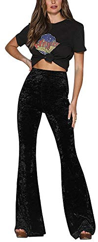 Pantalones acampanados de terciopelo dorado de cintura alta vintage para mujer, pantalones largos acampanados de pierna ancha, ropa de fiesta de noche, Negro, S