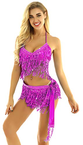 Freebily Damen Bauchtanz Kostüm Sexy Quaste Pailletten BH Oberteil Hüfttuch Rock/Shorts Gürtel Glitzer Tanzkleidung Pole Dance Outfits Rose Einheitsgröße