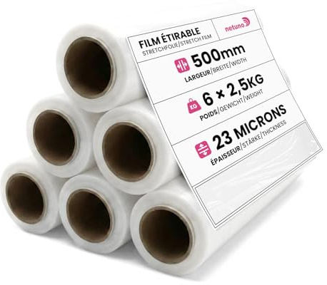 Netuno 6x rollo de film estirable transparente 2,5 kg peso ancho 50 cm espesor 23 µm lámina elástica película de polietileno retráctil para embalar paletas paquetes cajas mudanzas transporte