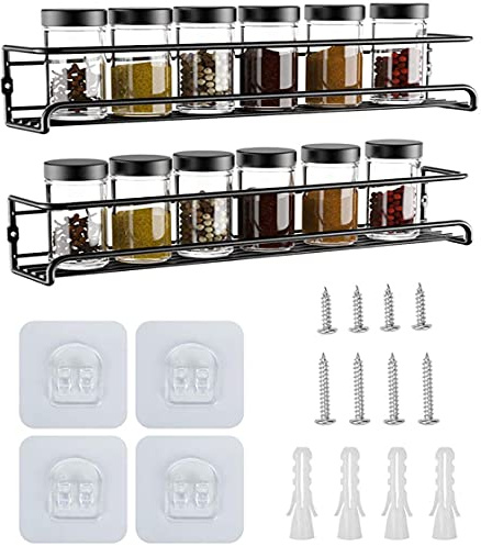 YunNasi Porta Spezie da Cucina Acciaio Inossidabile Set di 2 Portaspezie per Armadi o da Parete per Cucina, Utilizzo individuale, Organizer Spezie Mensola da Appendere 29x6x6cm (Nero, set di 2)