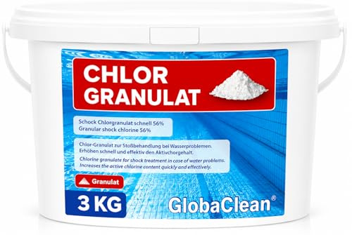 GlobaClean Chlorgranulat für Pool 3kg – Schnelllösliches Chlor Granulat mit 56% Aktivchlor – für Poolpflege, Schockchlorung & Stoßchlorung – gegen Algen & Bakterien