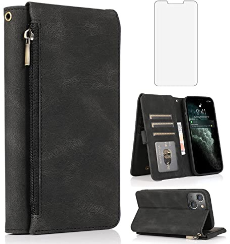 Asuwish Compatible with iPhone 13 6.1 inch Wallet Case Tempered Glass Screen Protector Zipper Leather Flip Cover Card Holder Stand Cell Phone for iPhone13 5G i i-Phone i13 iPhone13case Women Men Black