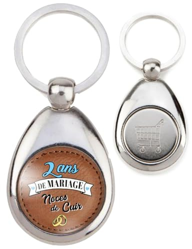 BADGMANIA | Porte Clés Métal Jeton de Caddie | Anniversaire 2 Ans de Mariage Noces de Cuir 2 ans - Anneaux Mariage