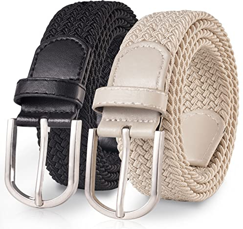 TANGCHAO 2 Stücke Stoffgürtel Stretchgürtel Elastik Flechtgürtel Geflochtener und Elastischer Dehnbarer Gürtel für Damen und Herren Breite 3.3cm Schwarz+Beige 100cm