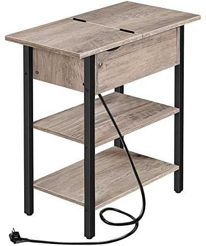 HOOBRO Beistelltisch, Flip-Top Sofatisch mit Ladestation und Ablagefläche, Schmaler Nachttisch für kleine Räume, Schlafzimmer, Wohnzimmer, Stabile, Greige-Schwarz EBG342BZ01
