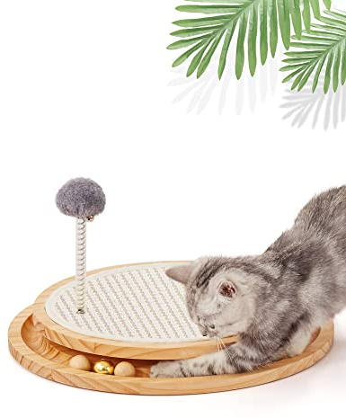 LMUGOOS Cat Scratcher, Cat Natural Sisal Scratching Pad, Kitten Interactive Toy with Ball Track Spring Ball for Chasing Hunting Mental Physical Exercise Puzzle