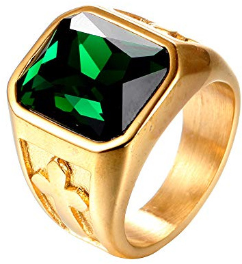 PAMTIER Herren Edelstahl Vintage Gold Silber Kreuz Statement Ring mit Stein