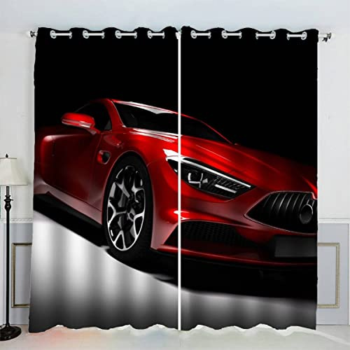 VASENA Sportwagen, Rot, Verdunkelungsvorhang, 2 Stück, Kinderzimmer, Mädchen, Jungen, 3D-Druck, Rennauto, Motiv Akustikvorhänge, blickdicht, kleine Fenster, Dekoration (140 x 160 cm)