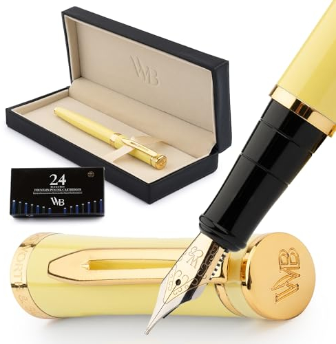 Wordsworth & Black Füllfederhalter-Set, mittlere 18-Karat-Goldfeder, inklusive 24 Tintenpatronen, Kolbenkonverter und Geschenkbox, goldfarben, Kalligraphie, Gelb