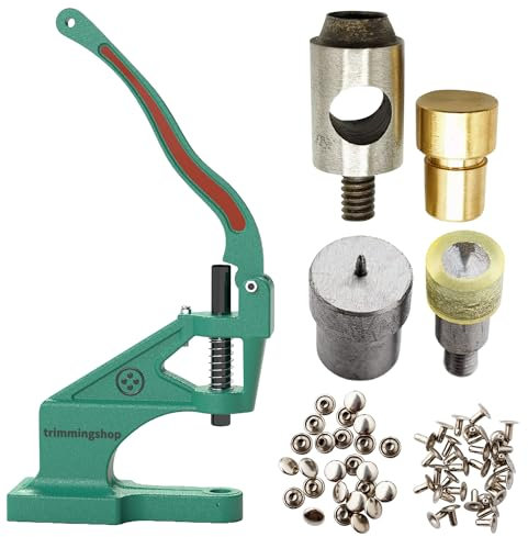 Trimming Shop 100 Set 10mm Leather Rivets Single Cap Rivet Tubular Metal Studs with The Green Machine Hand Press, Rivet Fixing Dies & Hole Cutter Dies Set for DIY Leathercrafts, Handbag, Belt