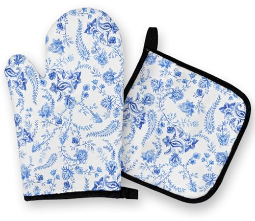 OHSUL Blue and White Porcelain Oven Mitts and Pot Holders Sets, Blue and White Chinoiserie Kitchen Decor, Blue Floral Heat Resistant Oven Gloves Hot Pads for Kitchen Cooking Baking Grilling