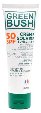 GREENBUSH Crème Solaire SPF50 Visage et Corps 80ml - BIO COSMOS ORGANIC - Filtres 100% Minéraux - Résistant à l'Eau - Reef-Safe - Famille - Fabriqué en France