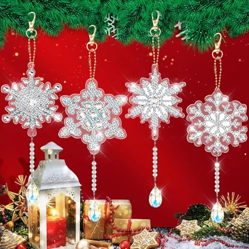 Meanju Diamond Painting Weihnachten Anhänger Schneeflocken 4 Stück | Diamant Painting Weihnachten,5DWeihnachten Diamond Schlüsselanhänger Beidseitig,Schneeflocken DIY