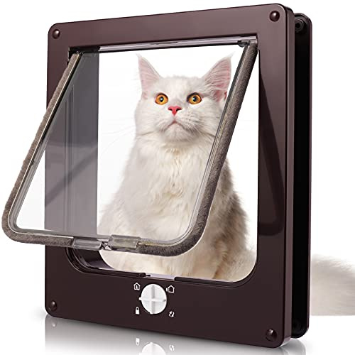 Sailnovo Porta per gatti 23,5 x 27 x 5,5 cm, marrone, misura L, chiusura a 4 vie, per porte interne ed esterne, porta per animali domestici resistente alle intemperie