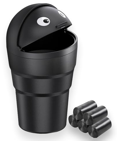 VBGURR Car Bin with Trash Bags，Cute Car Trash Can with Lid，Flip-top Design Car Bins for Front of Car，Small Trash Can for Car, Office, Home (1 PC Car Bin with 5 Rolls Trash Bags)