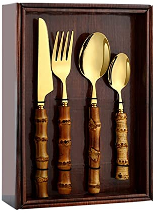 Ensemble de couverts de table en acier inoxydable 24 pièces avec poignée de support, couteau, fourchette, cuillère, ensemble de vaisselle naturel écologique (couleur: 24 pièces d'or) (24 pièces d'or