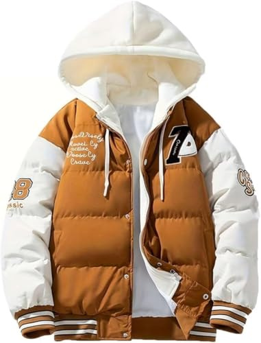 Herren Hip Hop Fashion Varsity Daunenjacke mit Kapuze Gespleißte Fake-Kapuze Baseballjacke Winter Outdoor Verdickte Daunenbaumwolljacke (Karamell,M)