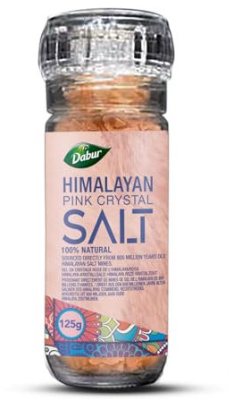 Dabur Himalayan Pink Crystal Salt Glass Grinder - 125g (4.4 Fl oz) - Easy-to-Use Pink Salt Mill & Spice Grinder for Flavorful Cooking