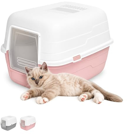 Paluplus Box Lettiera per Gatti Chiusa, Misura 48x38x32 cm, con coperchio apribile e porta basculante, Toilette gatti con filtro assorbi odori ai carboni attivi -314F (Rosa)