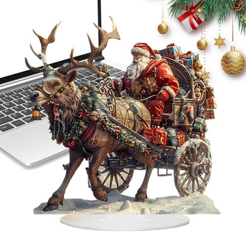 Figurine de Père Noël avec figurine de renne - Père Noël en acrylique 2D dans son traîneau avec pièce de table de cerf - Décoration d'hiver pour chambre, cheminée, décoration de fête