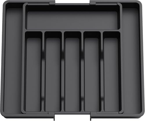 MantraRaj Cutlery Drawer Organiser Plastic Expandable Kitchen Drawer Organiser Cutlery Tray Utensil Tray Adjustable Silverware and Flatware Holder Plastic Storage for Spoons Forks Knives (Black)